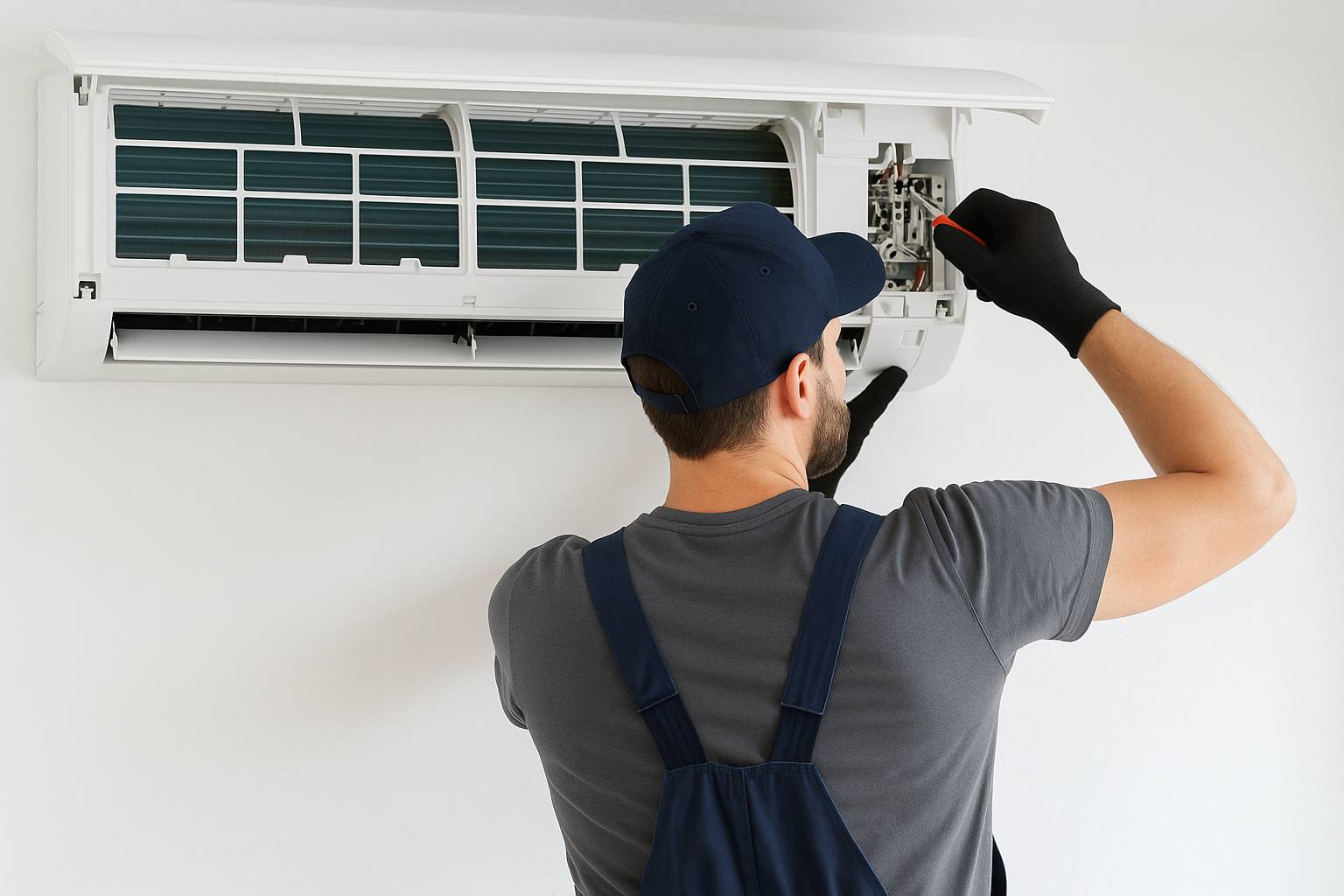 Tehnician instalând un aparat de aer condiționat